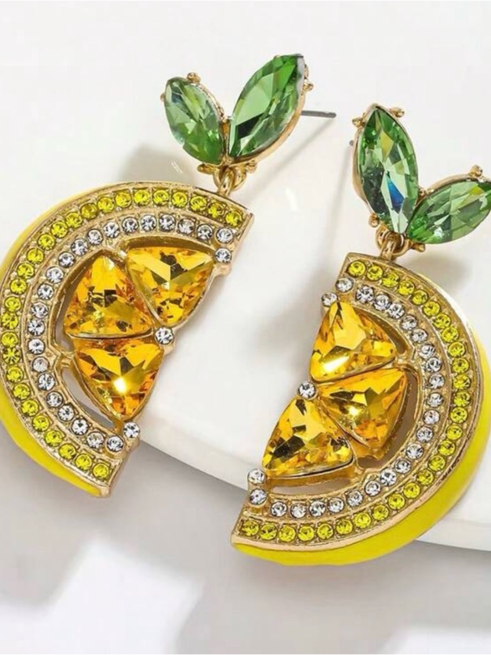 Gold-Tone Yellow & Green Crystal Slice Drop Earrings - Picture 3 of 5